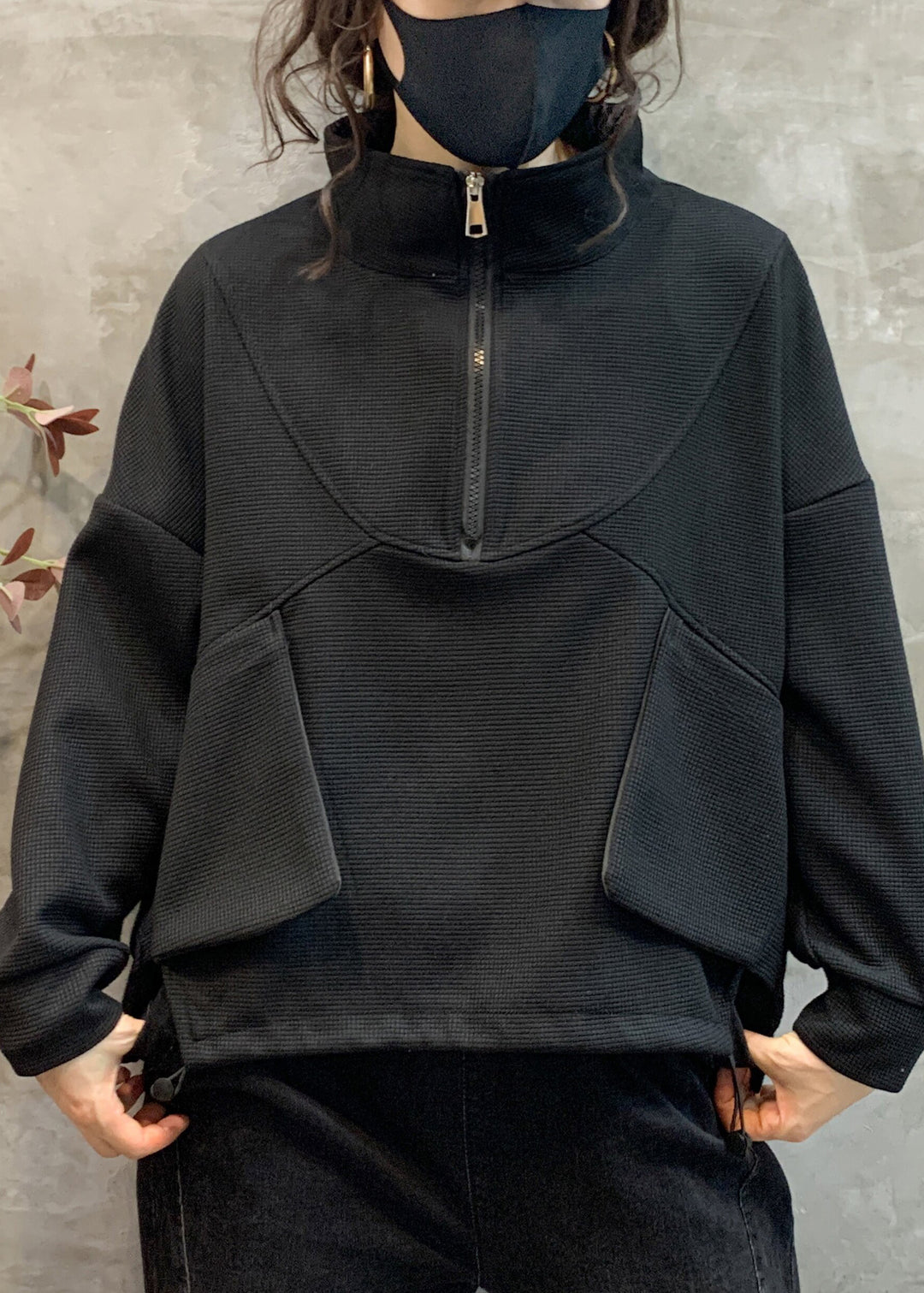 Simple Black Stand Collar Drawstring Pockets Warm Fleece Top Fall