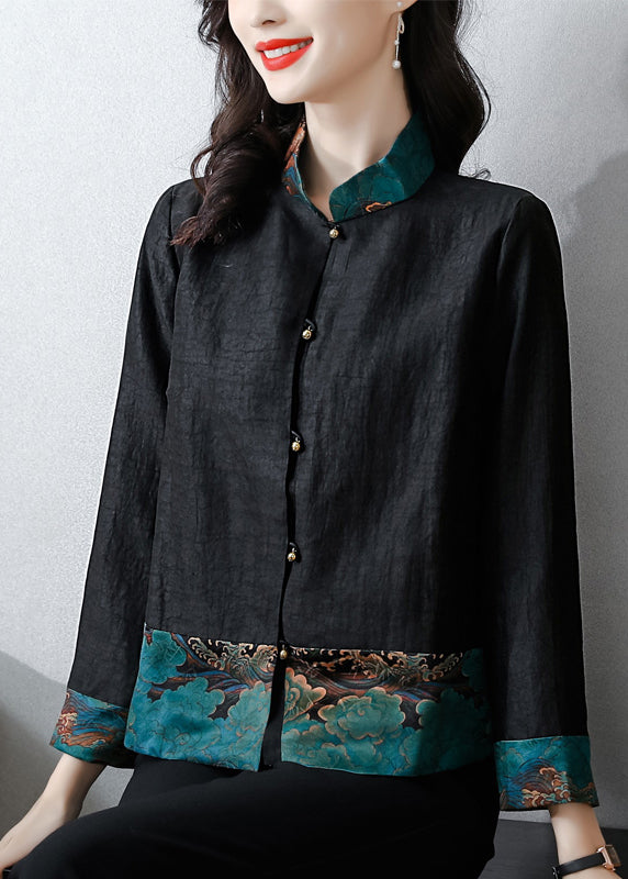 Simple Black Stand Collar Print Patchwork Button Silk Shirt Long Sleeve