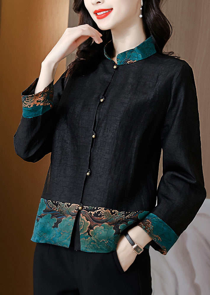 Simple Black Stand Collar Print Patchwork Button Silk Shirt Long Sleeve