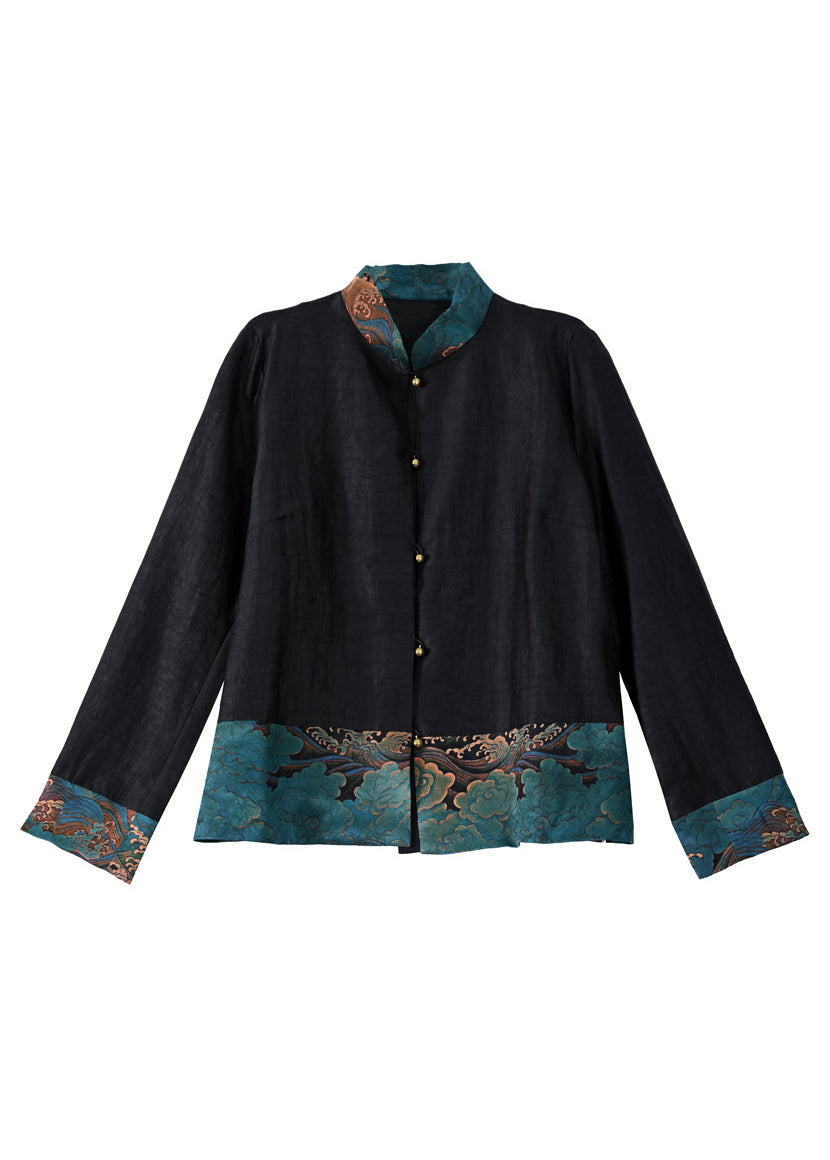 Simple Black Stand Collar Print Patchwork Button Silk Shirt Long Sleeve