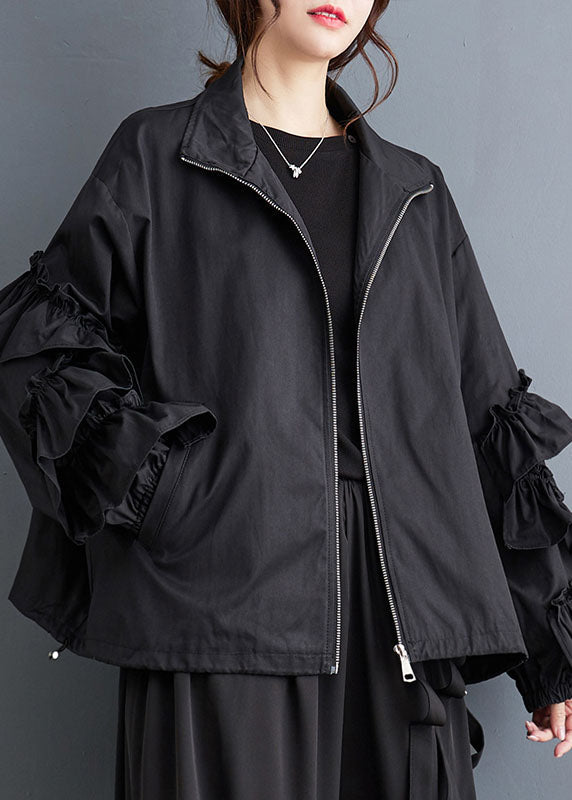 Simple Black Stand Collar Ruffled Patchwork Drawstring Zippered Coats Fall