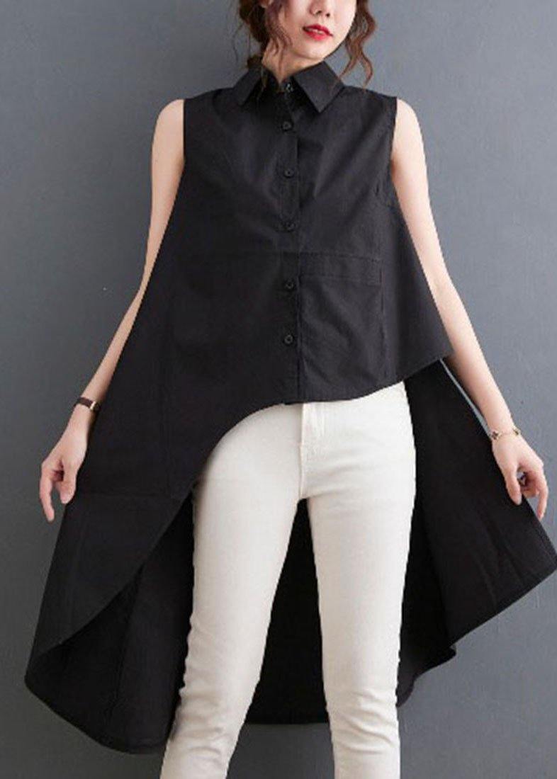 Simple Black asymmetrical design low high design Summer Blouses - Omychic
