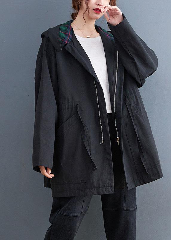 Simple Black fashion Casual zippered Fall  Hooded trench coats - Omychic