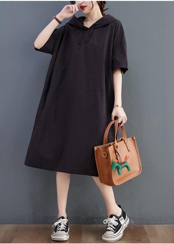 Simple Black hooded Cotton Summer Maxi Dresses - Omychic