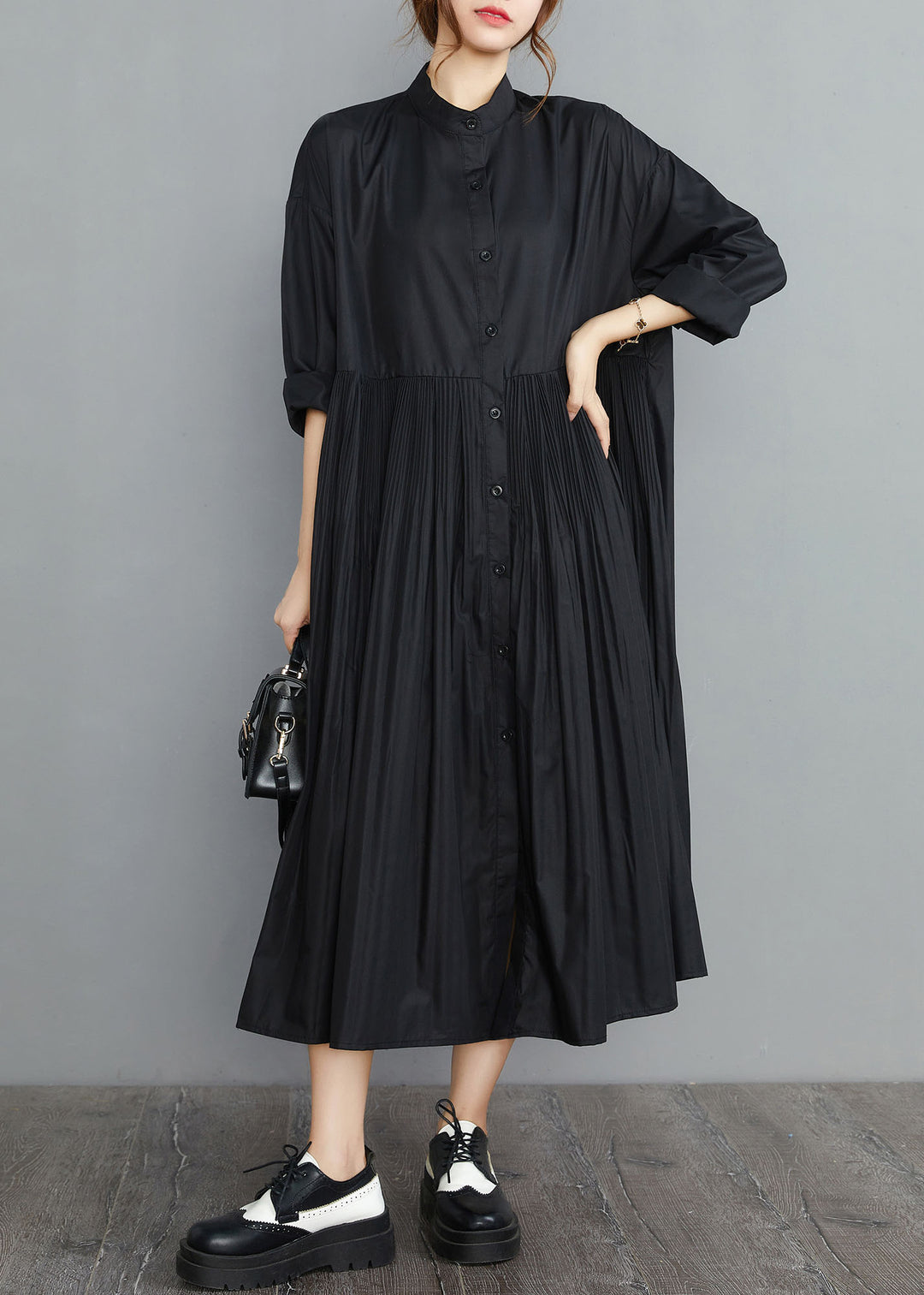 Simple Black wrinkled Cotton Robe Dresses Spring