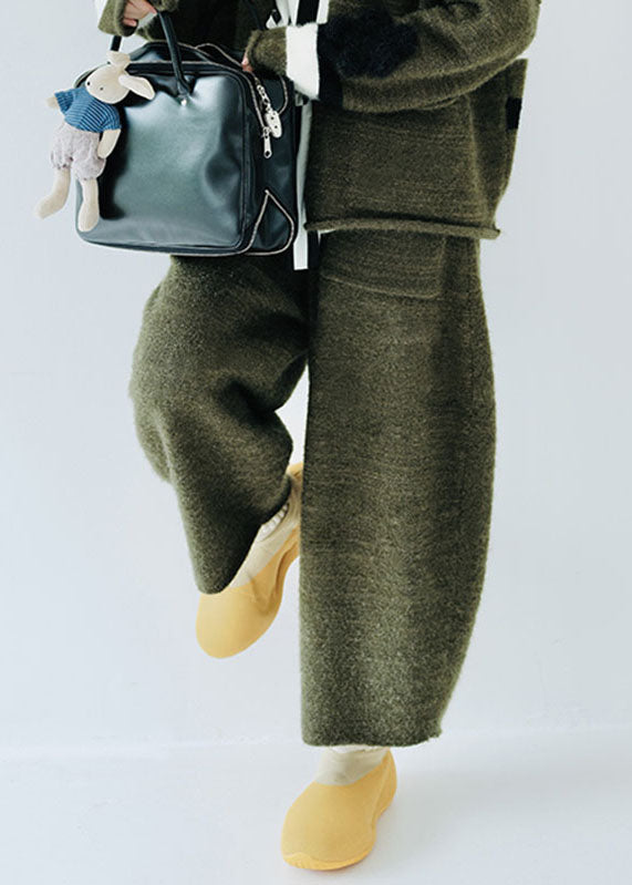 Simple Blackish Green Elastic Waist Cotton Knit Wide Leg Pants