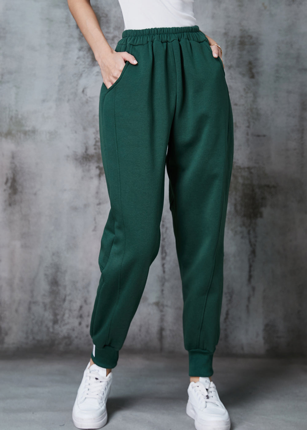 Simple Blackish Green Elastic Waist Cotton Sweatshirt Pants Spring