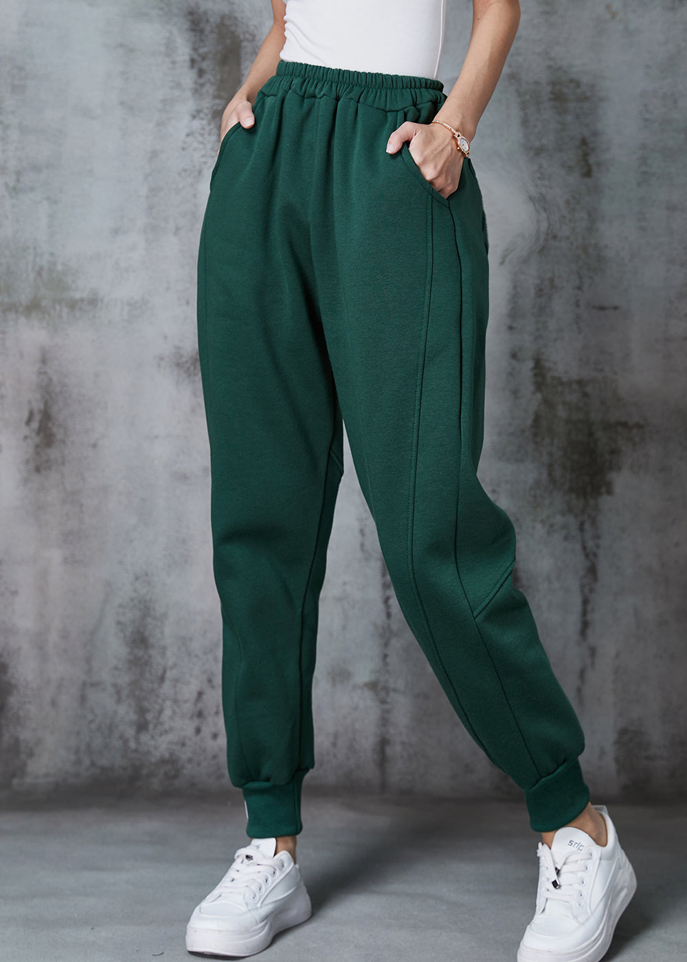 Simple Blackish Green Elastic Waist Cotton Sweatshirt Pants Spring