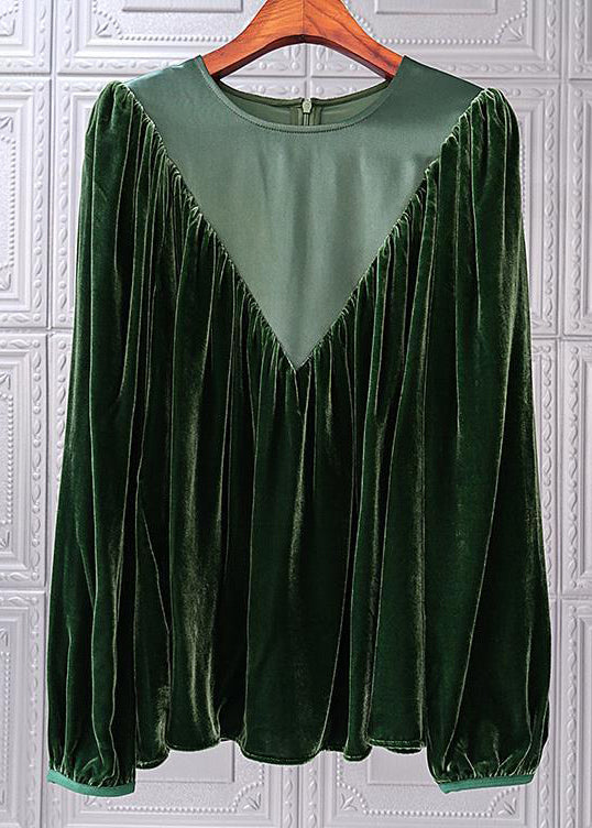 Simple Blackish Green O Neck Wrinkled Patchwork Silk Velour Top Fall