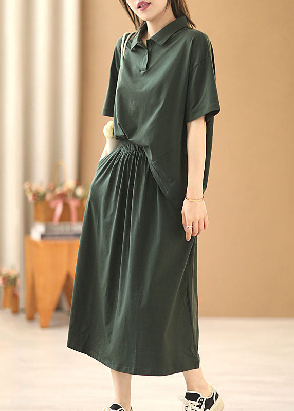 Simple Blackish Green Peter Pan Collar Elastic Waist Patchwork Cotton Fake Two Piece Long Dress Short Sleeve