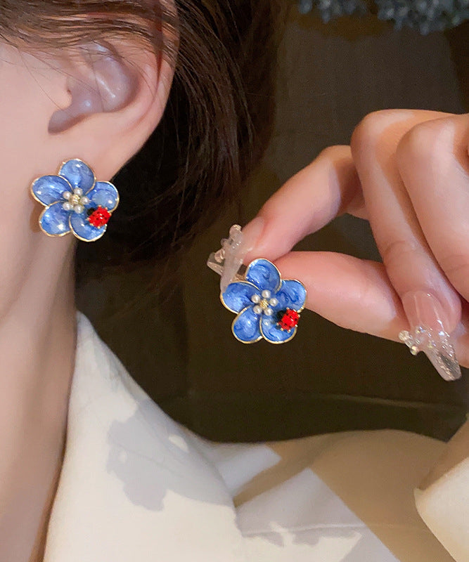 Simple Blue Alloy Pearl Oil Drip Floral Seven Starred Ladybird Stud Earrings