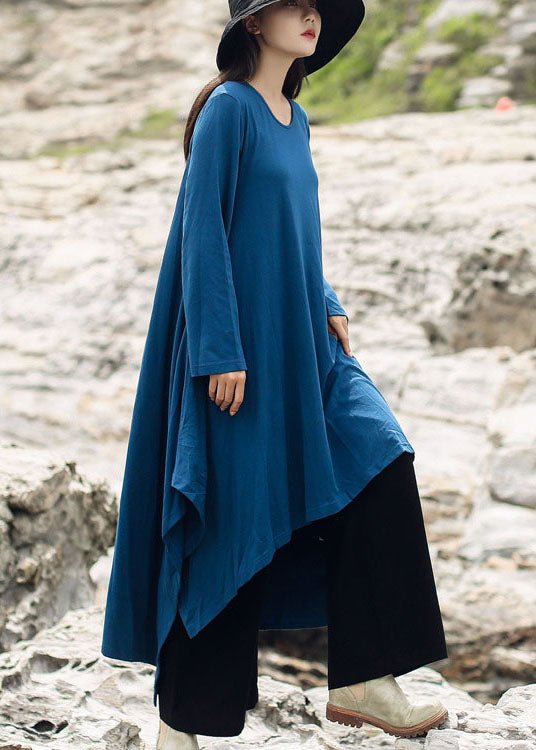 Simple Blue Asymmetrical Casual Cotton Dress Spring