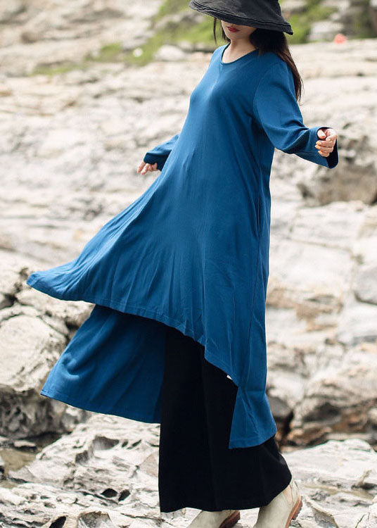 Simple Blue Asymmetrical Casual Cotton Dress Spring