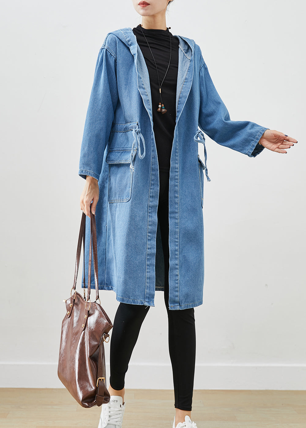 Simple Blue Cinched Hooded Pockets Denim Trench Fall