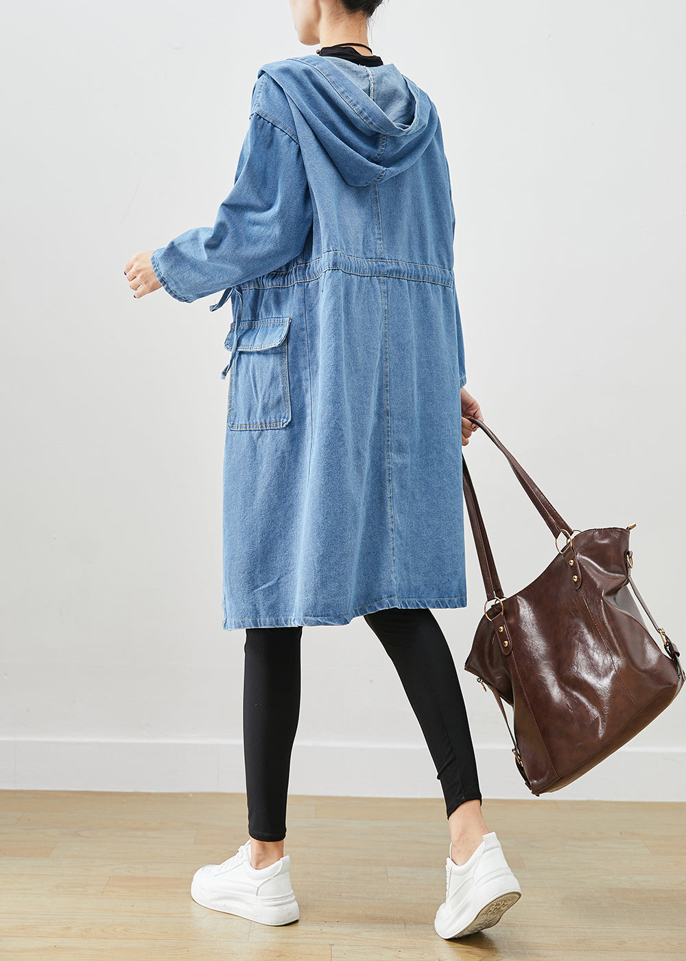 Simple Blue Cinched Hooded Pockets Denim Trench Fall