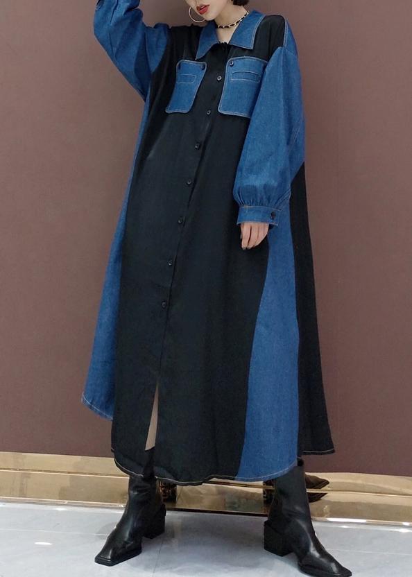 Simple Blue Dresses Lapel Patchwork Robe Spring Dress - Omychic