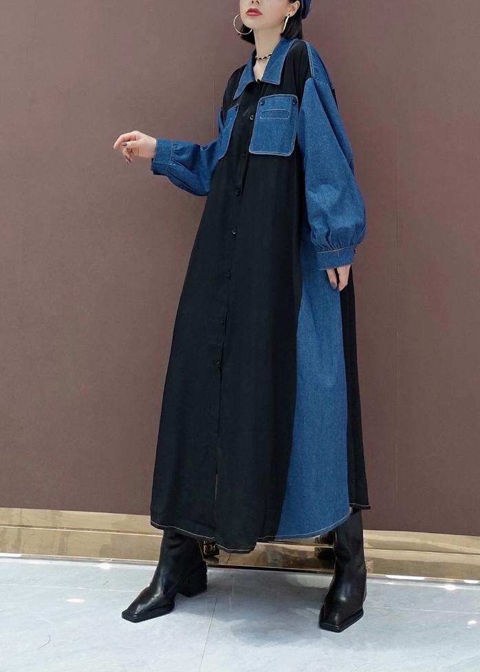 Simple Blue Dresses Lapel Patchwork Robe Spring Dress - Omychic