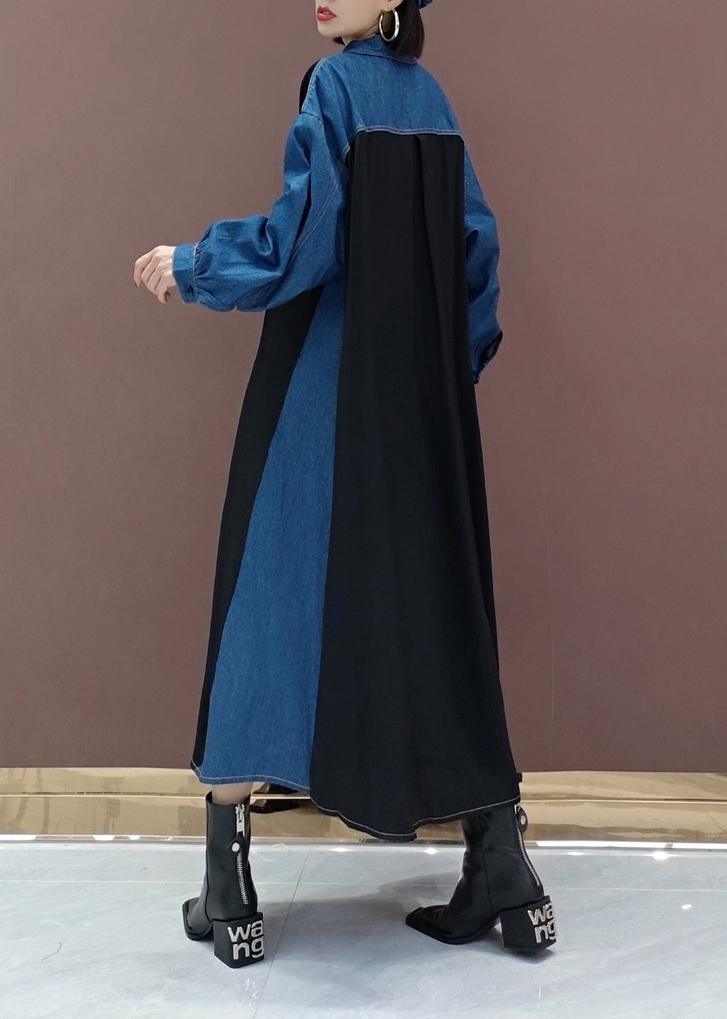 Simple Blue Dresses Lapel Patchwork Robe Spring Dress - Omychic