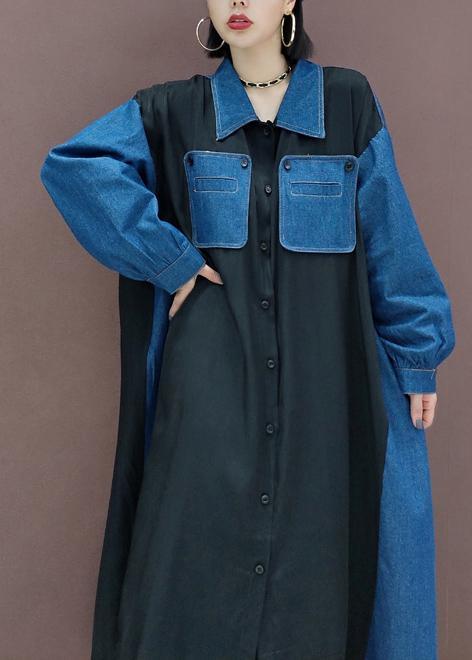 Simple Blue Dresses Lapel Patchwork Robe Spring Dress - Omychic