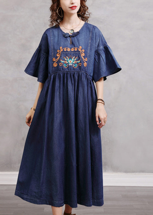 Simple Blue Embroideried Cinched Cotton Denim Dresses Flare Sleeve
