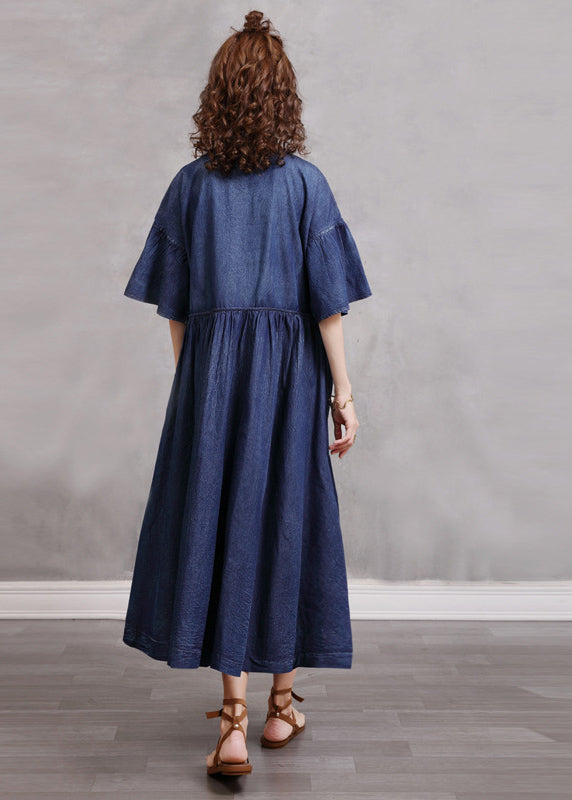 Simple Blue Embroideried Cinched Cotton Denim Dresses Flare Sleeve
