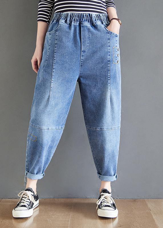 Simple Blue High Waist Oversize Spring Casual Pattern Wild Pants - Omychic