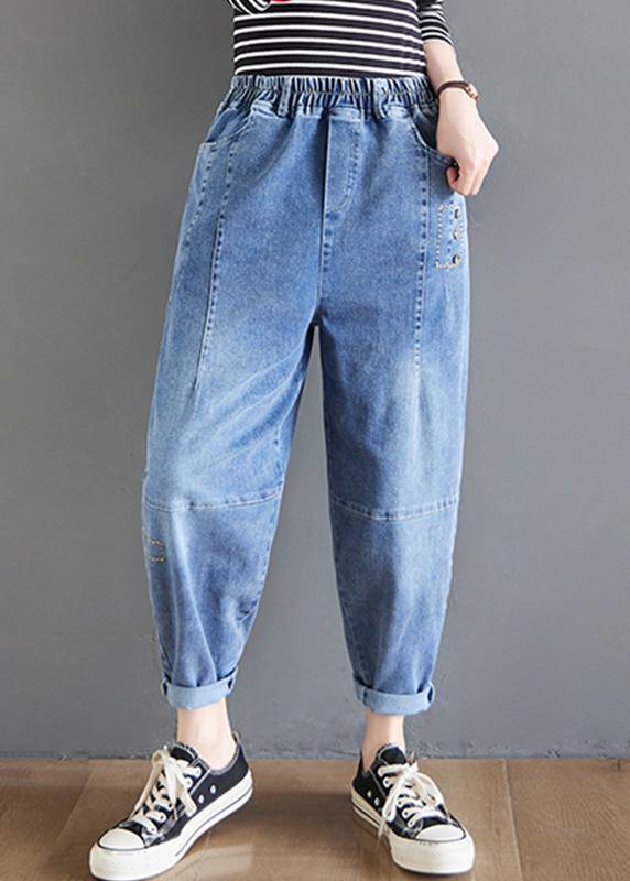 Simple Blue High Waist Oversize Spring Casual Pattern Wild Pants - Omychic