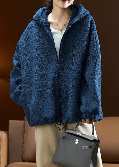 Simple Blue Hooded Pockets Drawstring Teddy Faux Fur Coats Long Sleeve