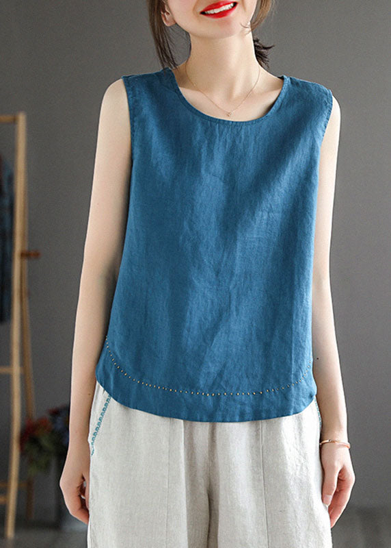 Simple Blue O-Neck Embroideried Linen Beach Vest Sleeveless