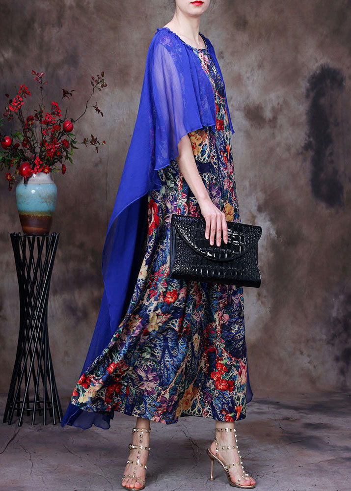 Simple Blue O-Neck Patchwork Print Silk Vacation Dresses Cloak Sleeves