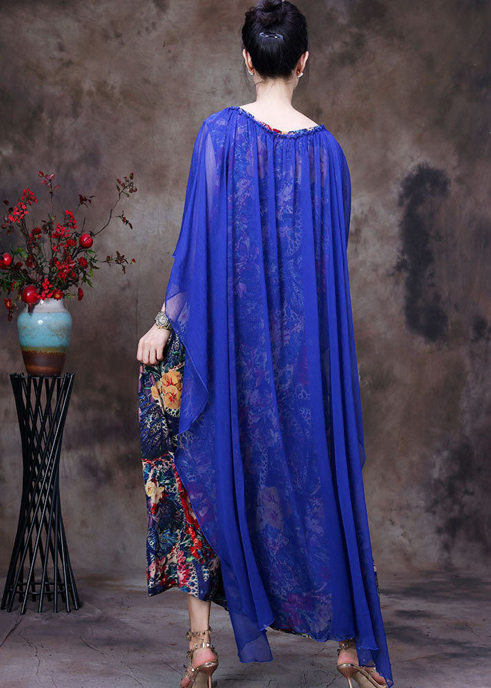 Simple Blue O-Neck Patchwork Print Silk Vacation Dresses Cloak Sleeves