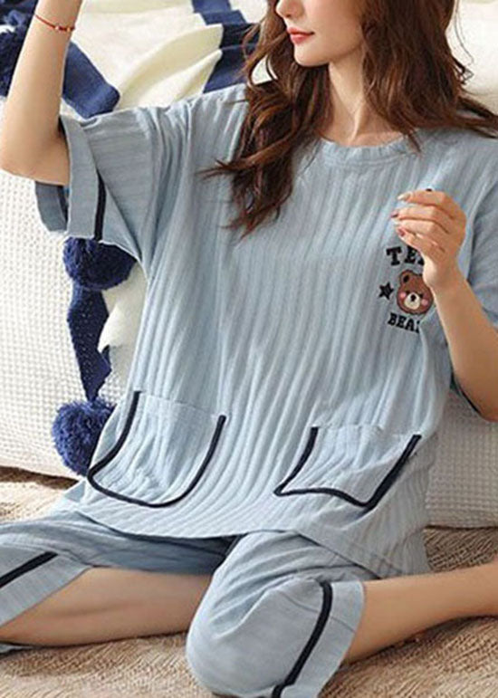 Simple Blue O-Neck Pockets Cotton Pajamas Two Pieces Set Summer
