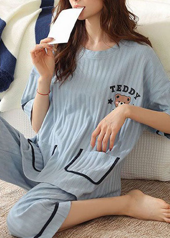 Simple Blue O-Neck Pockets Cotton Pajamas Two Pieces Set Summer