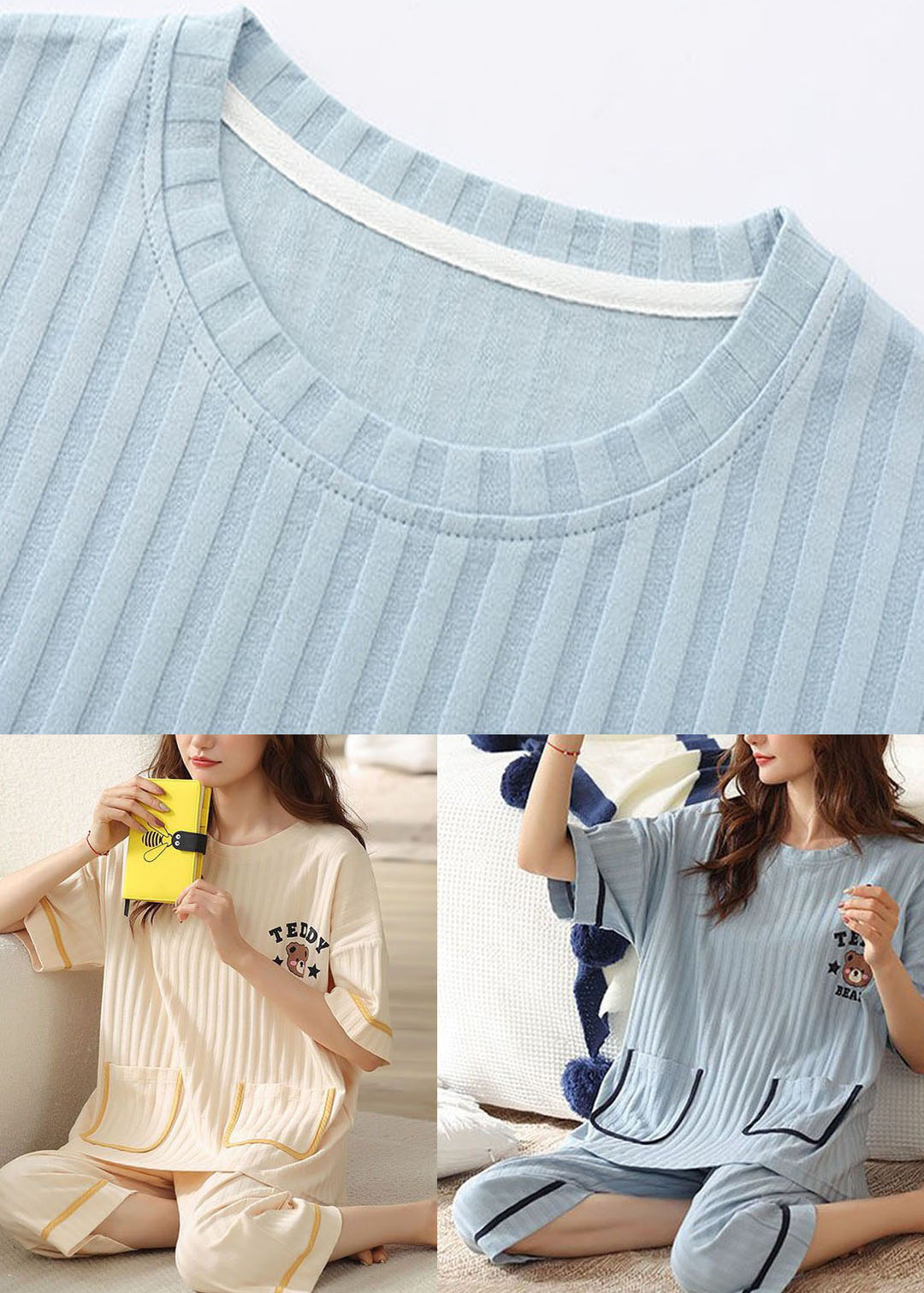 Simple Blue O-Neck Pockets Cotton Pajamas Two Pieces Set Summer