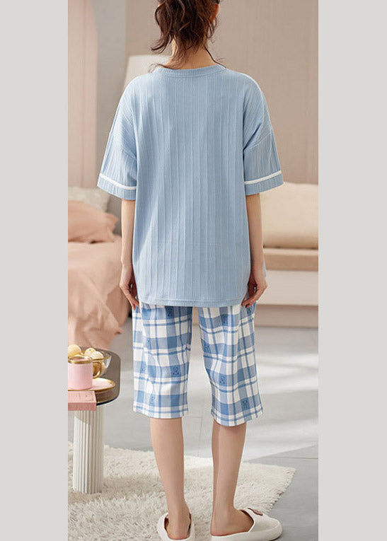 Simple Blue O-Neck Print Pajamas Two Piece Set Short Sleeve