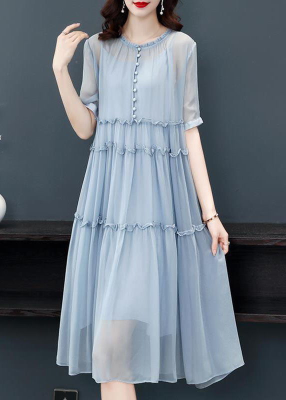 Simple Blue O-Neck Wrinkled Patchwork Silk Two Pieces Set Dress Summer