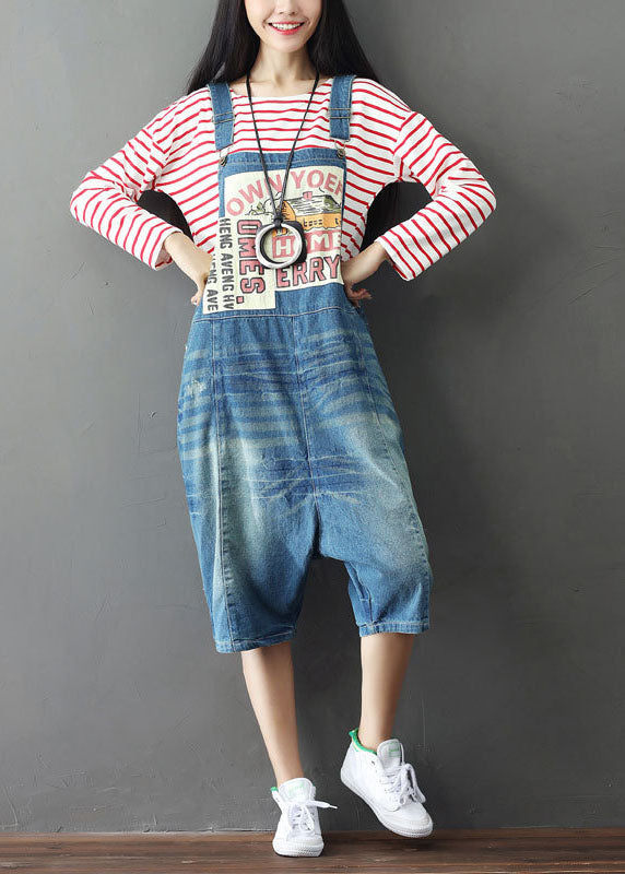 Simple Blue Oversized Patchwork Applique Cotton Denim Jumpsuits Summer