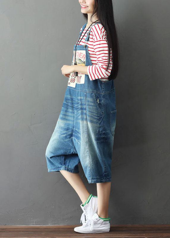 Simple Blue Oversized Patchwork Applique Cotton Denim Jumpsuits Summer