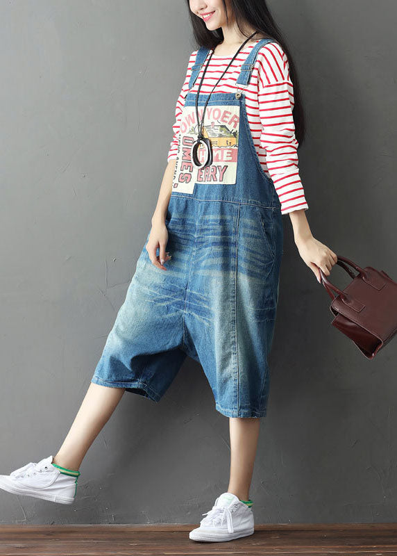 Simple Blue Oversized Patchwork Applique Cotton Denim Jumpsuits Summer