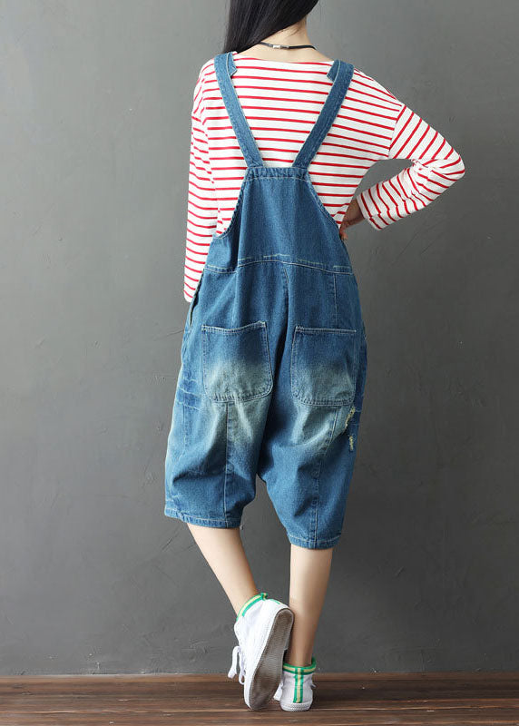 Simple Blue Oversized Patchwork Applique Cotton Denim Jumpsuits Summer