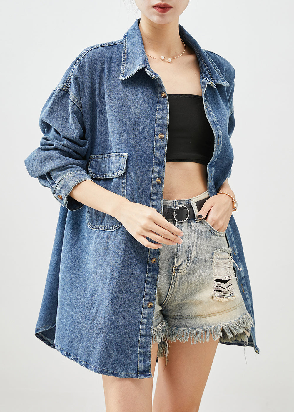 Simple Blue Oversized Pockets Denim Coat Outwear Fall