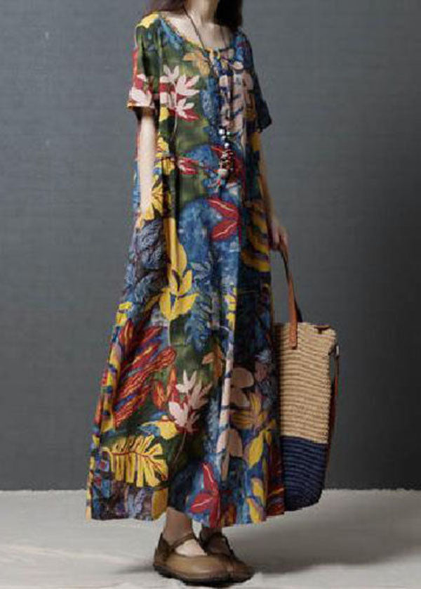 Simple Blue Oversized Print Cotton Long Dresses Summer