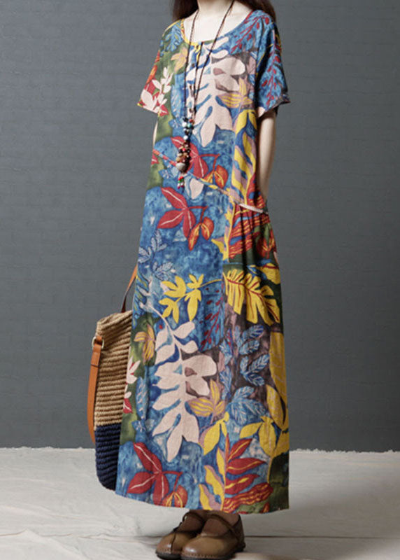 Simple Blue Oversized Print Cotton Long Dresses Summer