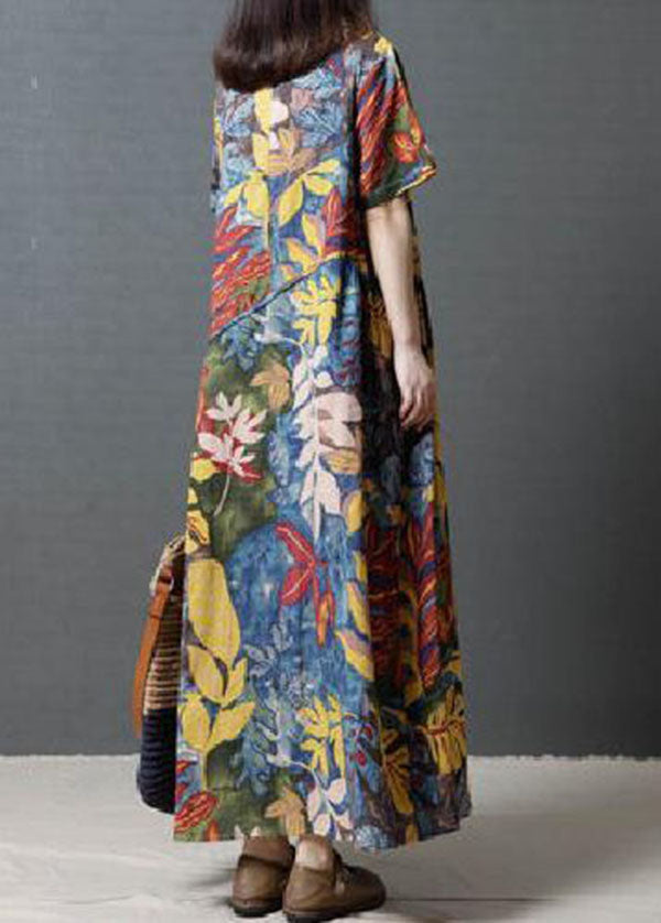 Simple Blue Oversized Print Cotton Long Dresses Summer