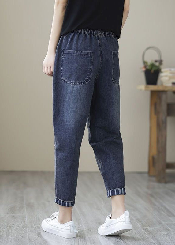 Simple Blue Patchwork Elastic Waist Crop Beam Jeans