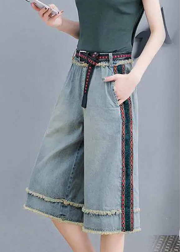 Simple Blue Patchwork High Waist Crop Jeans Summer