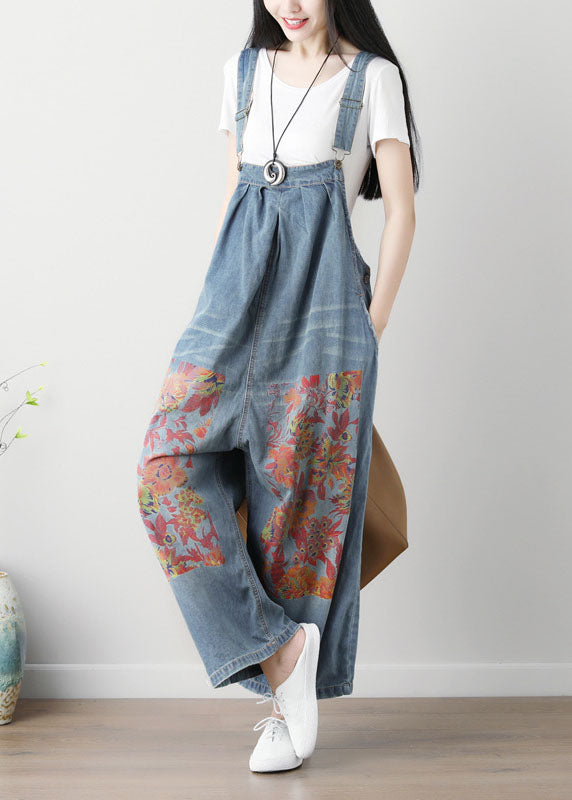 Simple Blue Patchwork Print Wide Leg Carpenter Pants Spring