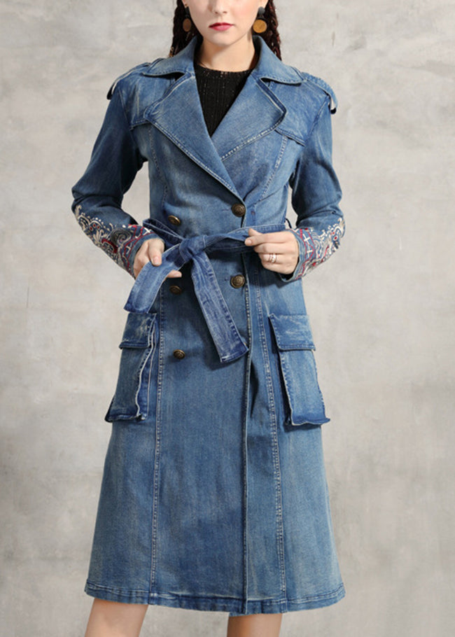 Simple Blue Peter Pan Collar Pockets Embroideried double breast Sashes Cotton Denim trench coats Spring