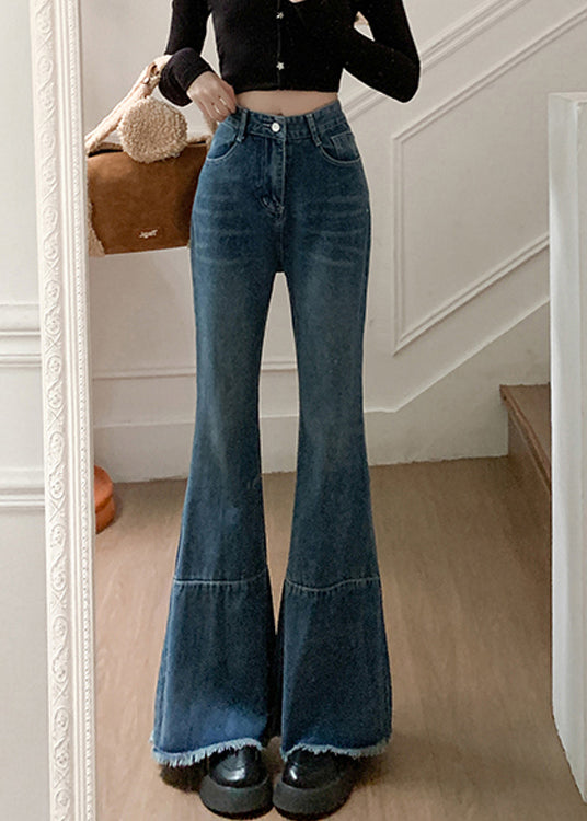 Simple Blue Pockets High Waist Denim Bell Bottom Spring