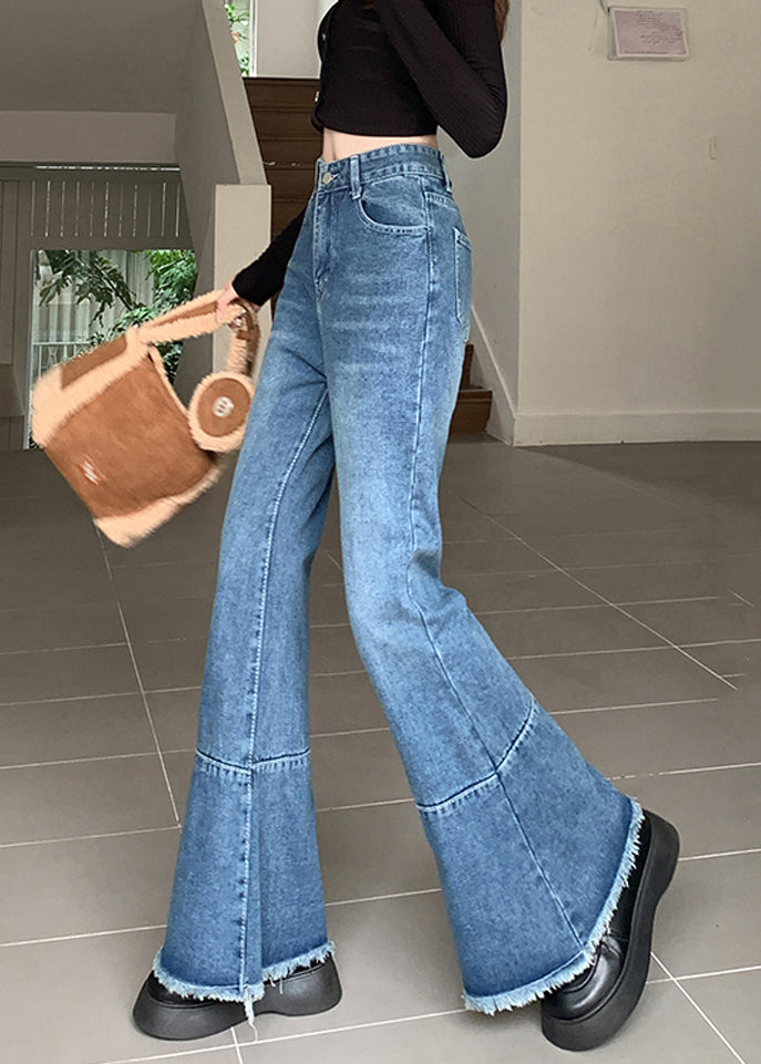 Simple Blue Pockets High Waist Denim Bell Bottom Spring